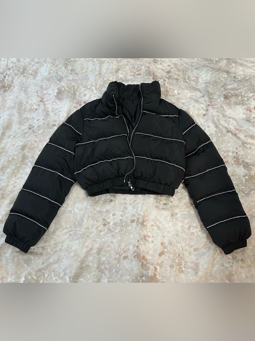 SHEIN Black Cropped Puffer Jacket with Rhinestone Piping